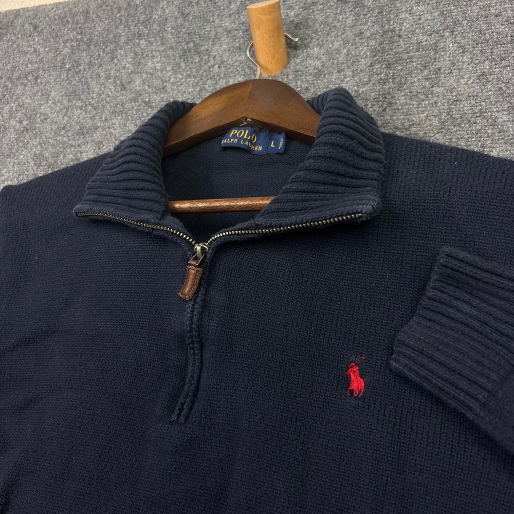 Polo Ralph Lauren Quarter Zip Sweater Mens Large Navy Blue Cotton Pullover Pony